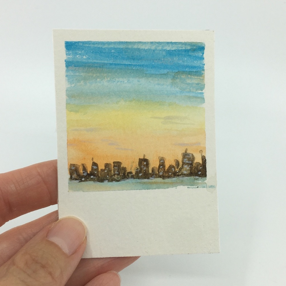 ACEO Mini City Sunset Watercolor Painting Signed Original Art 2.5” x 3.5”